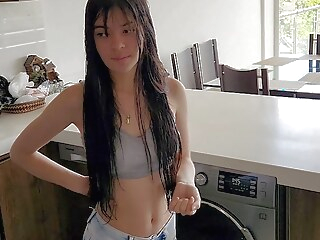 His stepsister needs help with the washing machine, he helps her undress and fucks her Tight jeans asian hidden camera